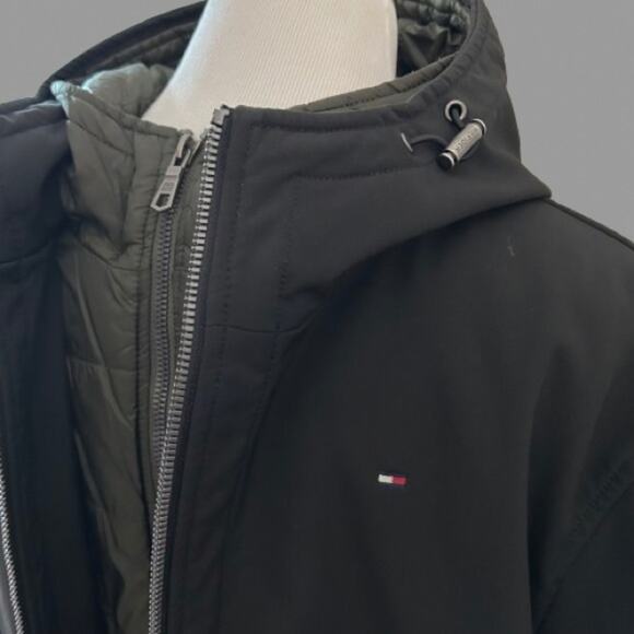 EUC Tommy Hilfiger Black/Green Soft-Shell Hooded Bomber Jacket with Bib. Size M. - Picture 5 of 10